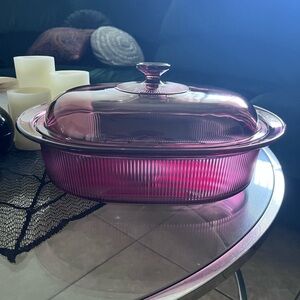 Vintage Cranberry Pyrex Casserole Dish